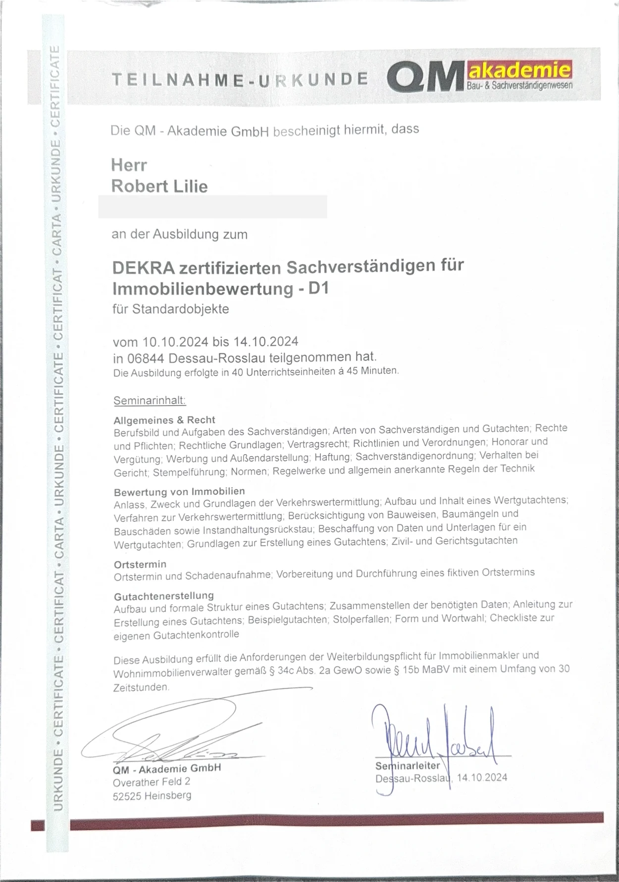 Vorschau: Lehrgang Immobilienbewertung D1
